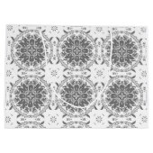 白と灰色の民俗学オーナメントダマスク ラージペーパーバッグ (裏面)