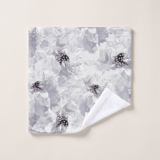 白と灰色の牡丹フローラ白の花 バスタオルセット (ウォッシュタオル)