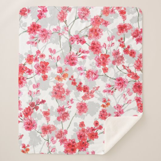 白と灰色の背にさくらんぼの枝が咲く シェルパブランケット (正面)