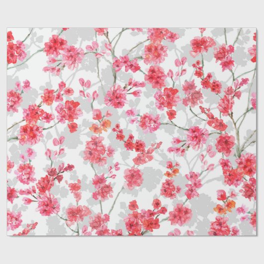 白と灰色の背にさくらんぼの枝が咲く ラッピングペーパー (フラット)
