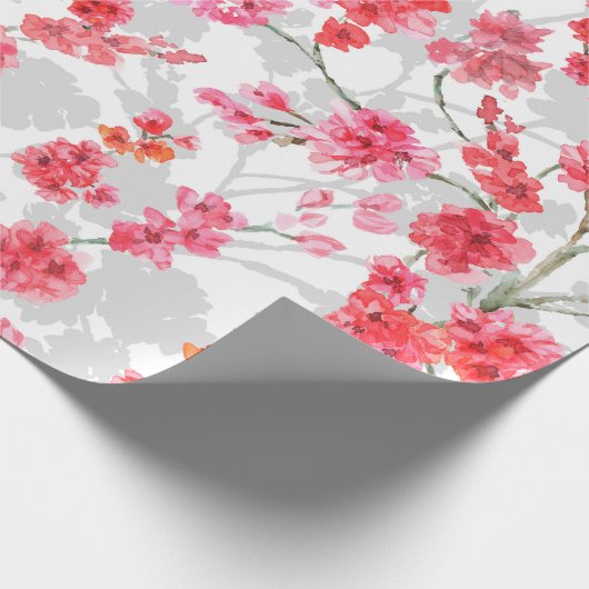 白と灰色の背にさくらんぼの枝が咲く ラッピングペーパー (角)