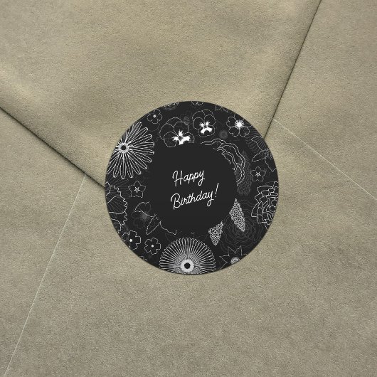 白と灰色の花のエレガント輪郭パターン ラウンドシール