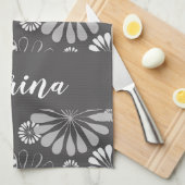 白と灰色の花柄 キッチンタオル (四つ折り)