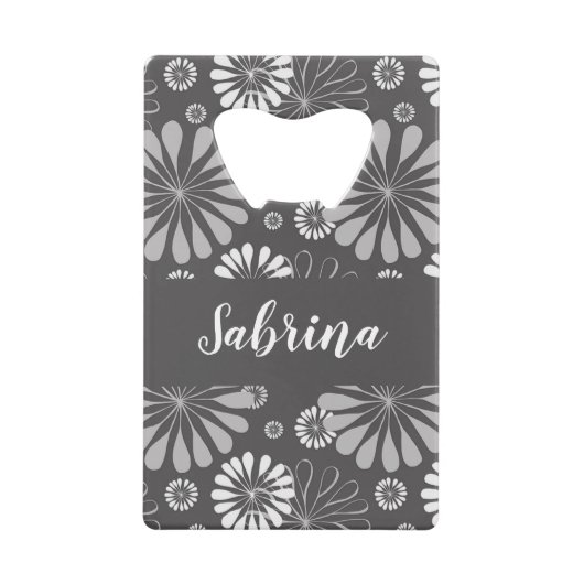 白と灰色の花柄 クレジットカード栓抜き (正面)