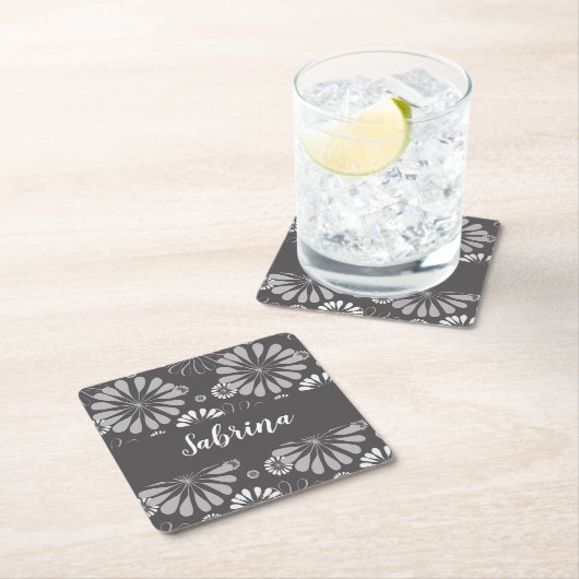 白と灰色の花柄 スクエアペーパーコースター (インサイチュ)