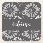 白と灰色の花柄 スクエアペーパーコースター (正面)
