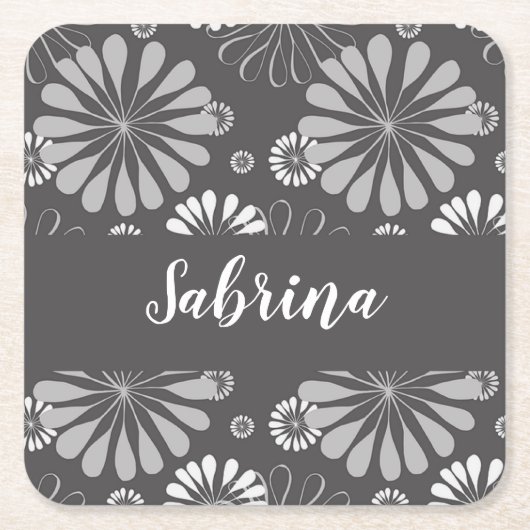 白と灰色の花柄 スクエアペーパーコースター (正面)