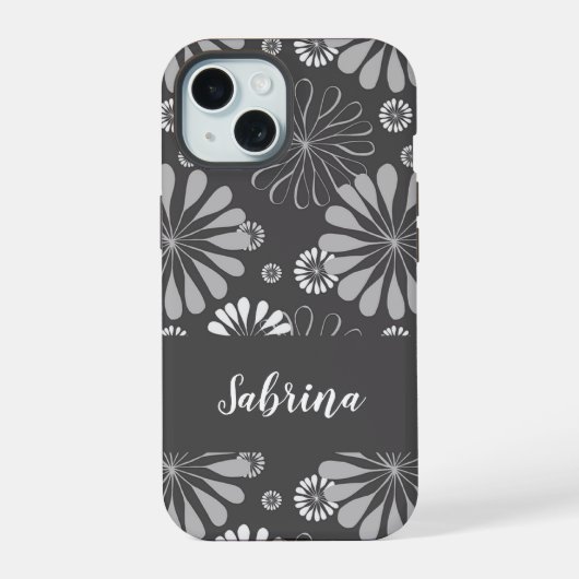 白と灰色の花柄 iPhone 15ケース (裏面)
