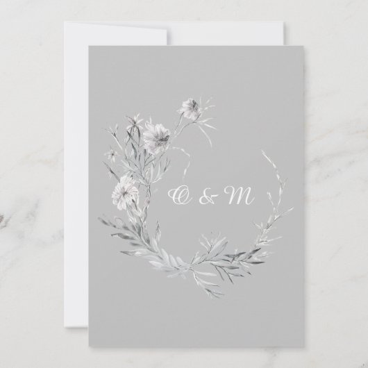白と灰色の花。フローラ結婚田舎の 招待状 (裏面)