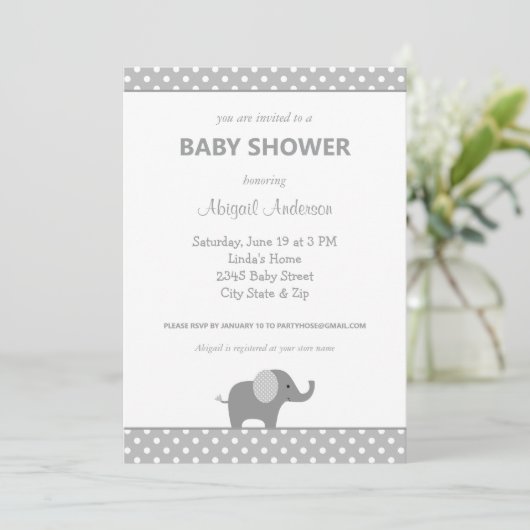 白と灰色の象の水玉模様のベビーシャワー 招待状 (スタンド正面)