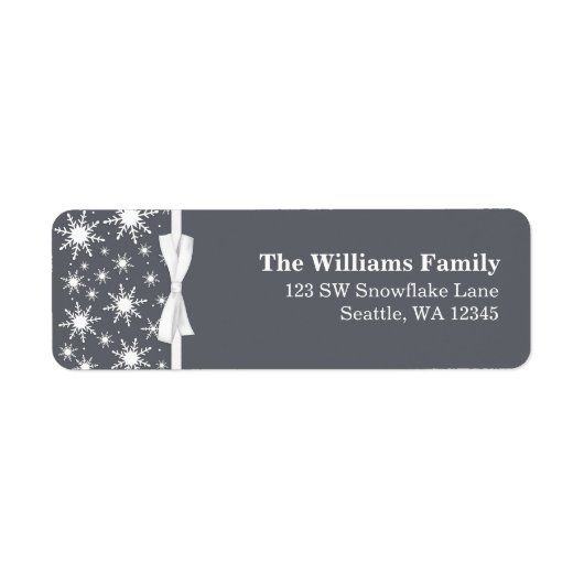 白と灰色の雪のリボンのクリスマスアドレス ラベル (正面)