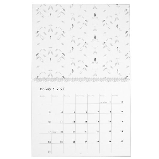 白と灰色のleavを特徴とする装飾模様 カレンダー (1月 2027)