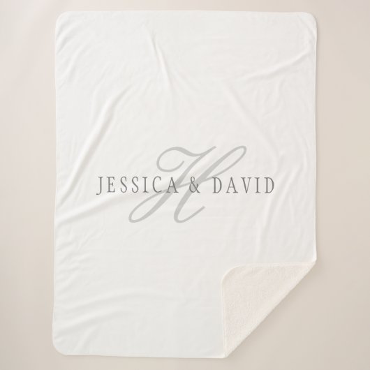 白と灰色 |カップルの名前と姓モノグラム シェルパブランケット (正面)