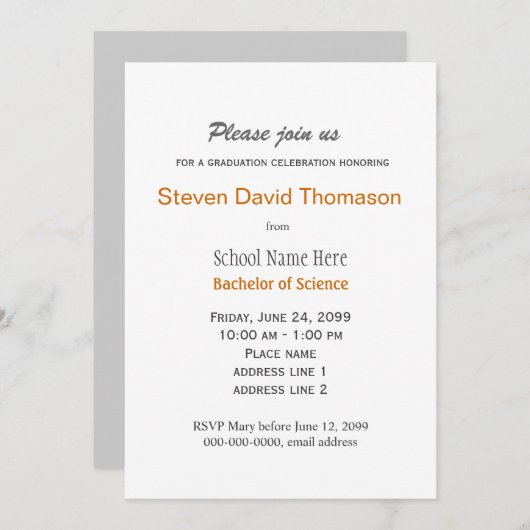 白と白シンプルの無地の卒業 招待状 (正面/裏面)