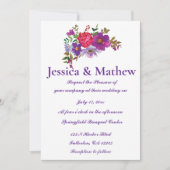 白と紫のエレガント花のフローラ結婚の 招待状 (正面)