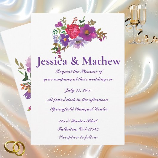 白と紫のエレガント花のフローラ結婚の 招待状