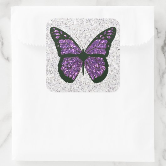 白と紫のキラキラフェイク輝く蝶 スクエアシール (バッグ)