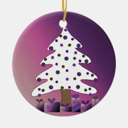 白と紫のクリスマスツリー セラミックオーナメント (正面)
