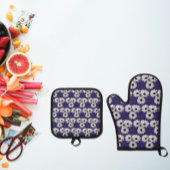 白と紫のデイジーオーブンミットとポットホルダー 鍋つかみ&鍋敷きセット