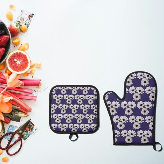 白と紫のデイジーオーブンミットとポットホルダー 鍋つかみ&鍋敷きセット