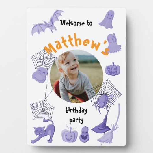 白と紫のハロウィーンの誕生日パーティーへようこそ フォトプラーク (正面)