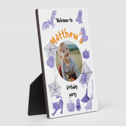 白と紫のハロウィーンの誕生日パーティーへようこそ フォトプラーク (側面)