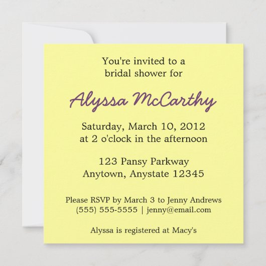 白と紫のパンジーブライダルシャワーの招待 招待状 (裏面)