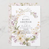 白と紫のフローラ水色ベビーシャワー 招待状 (正面/裏面)