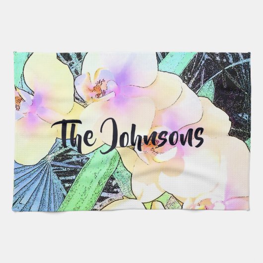 白と紫のラン キッチンタオル (横)