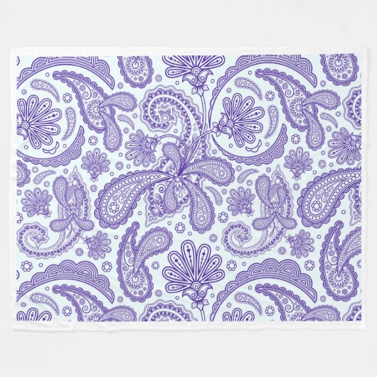 白と紫のヴィンテージガーリーフローラペイズリー フリースブランケット (正面(横))