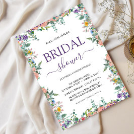白と紫の水色の花ブライダルシャワー 招待状