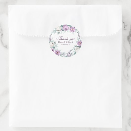 白と紫の花の結婚ありがとうステッカー ラウンドシール (バッグ)