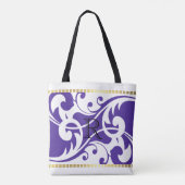 白と紫の花色の金ゴールドモノグラム トートバッグ (裏面)