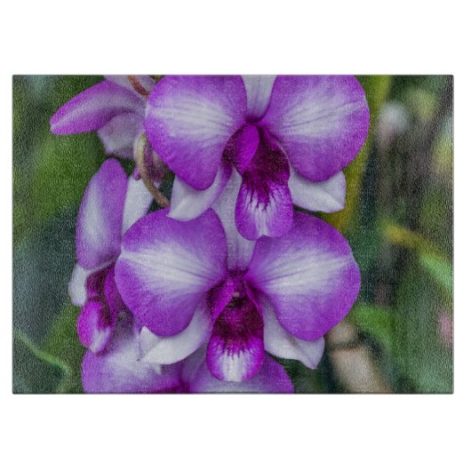 白と紫の蘭ガラス カッティングボード (正面)