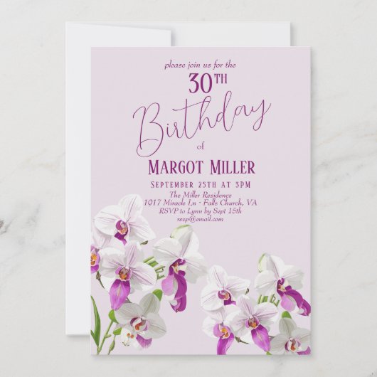 白と紫の蘭絵を描の30歳の誕生日 招待状 (正面)