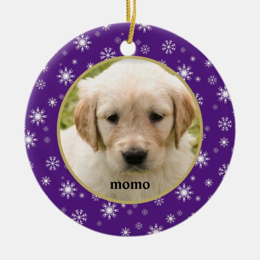 白と紫の雪片のペットの猫または犬 セラミックオーナメント (正面)
