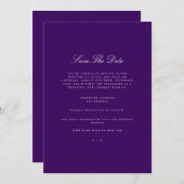 白と紫エレガントのスクリプトによる日付カードの保存 案内状 (正面/裏面)