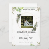 白と緑のイラストフラワーの水彩ウェディングデー 招待状 (正面/裏面)