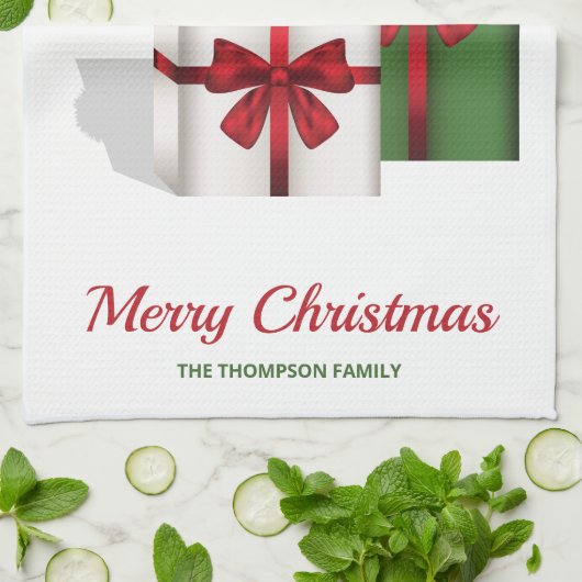 白と緑のギフトボックスとサンタハット キッチンタオル (折り畳み)