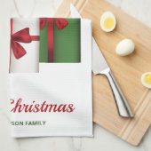 白と緑のギフトボックスとサンタハット キッチンタオル (四つ折り)