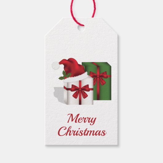 白と緑のギフトボックスとサンタハット ギフトタグ (正面)