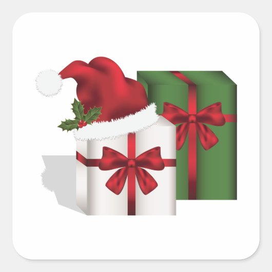 白と緑のギフトボックスとサンタハット スクエアシール (正面)