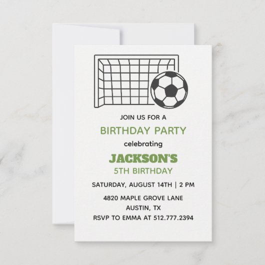 白と緑のサッカー誕生日 • 少年スポーツパーティー 招待状 (正面)