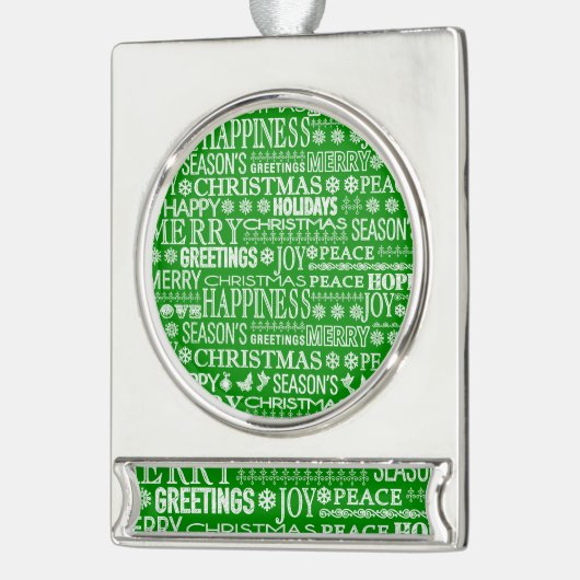 白と緑のチョークがクリスマスの挨拶に溺れる シルバープレートバナーオーナメント (左)