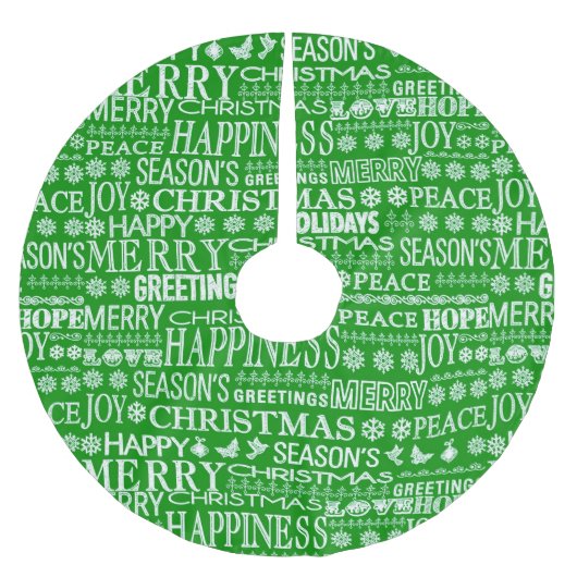 白と緑のチョークがクリスマスの挨拶に溺れる ブラッシュドポリエステルツリースカート (正面)