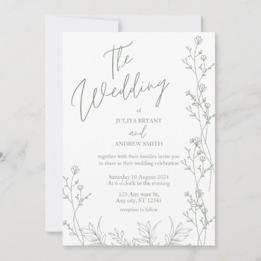 白と緑のトレンディー結婚式招待状 招待状 (正面)