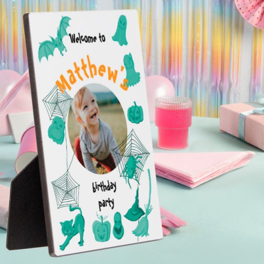 白と緑のハロウィーンの誕生日パーティーへようこそ フォトプラーク