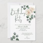 白と緑のバラ大人の誕生日パーティー 招待状 (正面)
