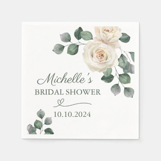 白と緑のバラ スタンダードカクテルナプキン (正面)