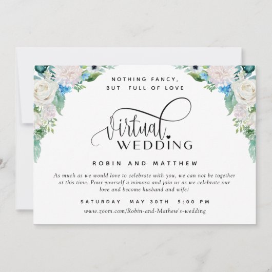 白と緑のフローラのオンライン結婚仮想 招待状 (正面)